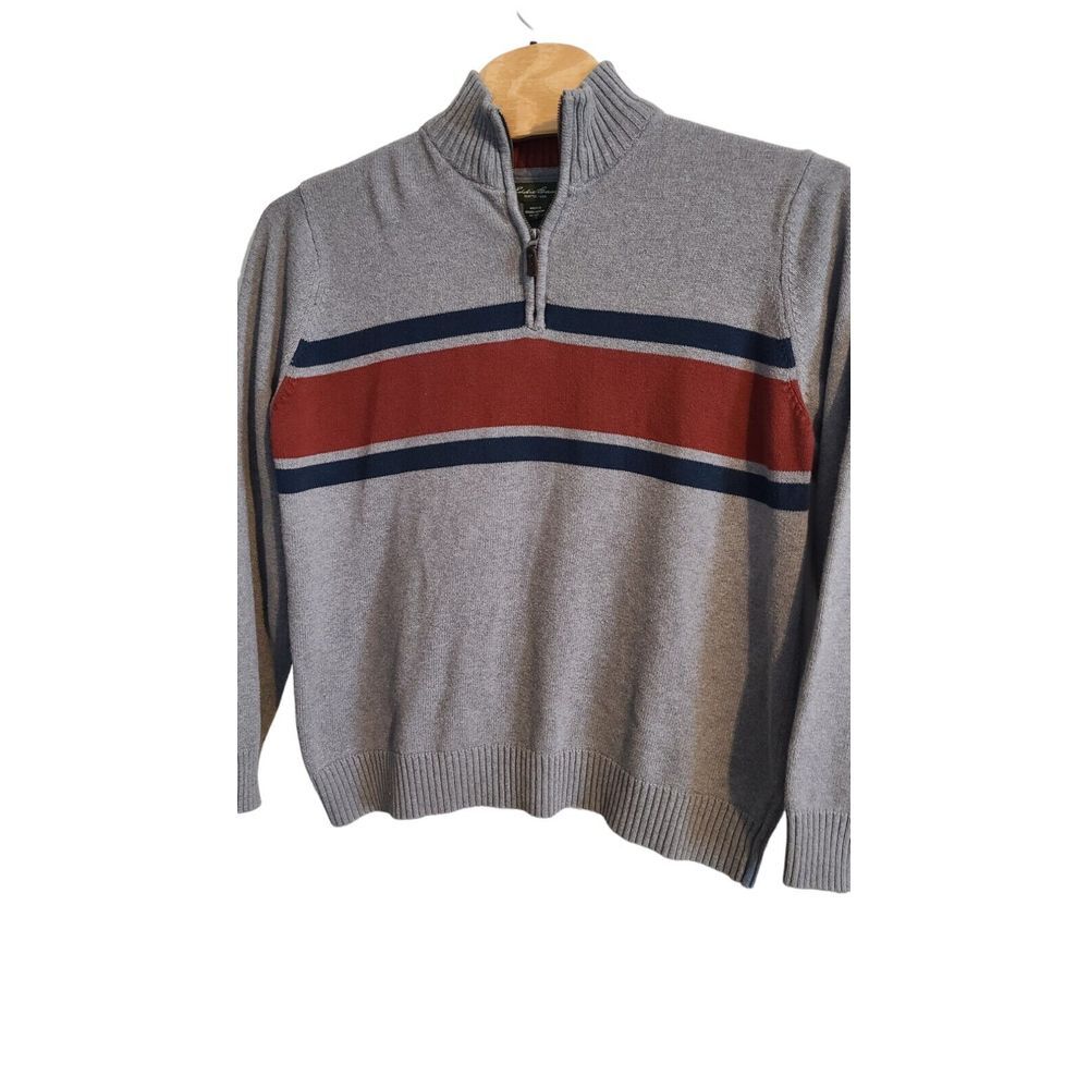 Eddie Bauer Mens Gray Size XL 1/4 Zip Sweater Strip Across Chest Rust/navy